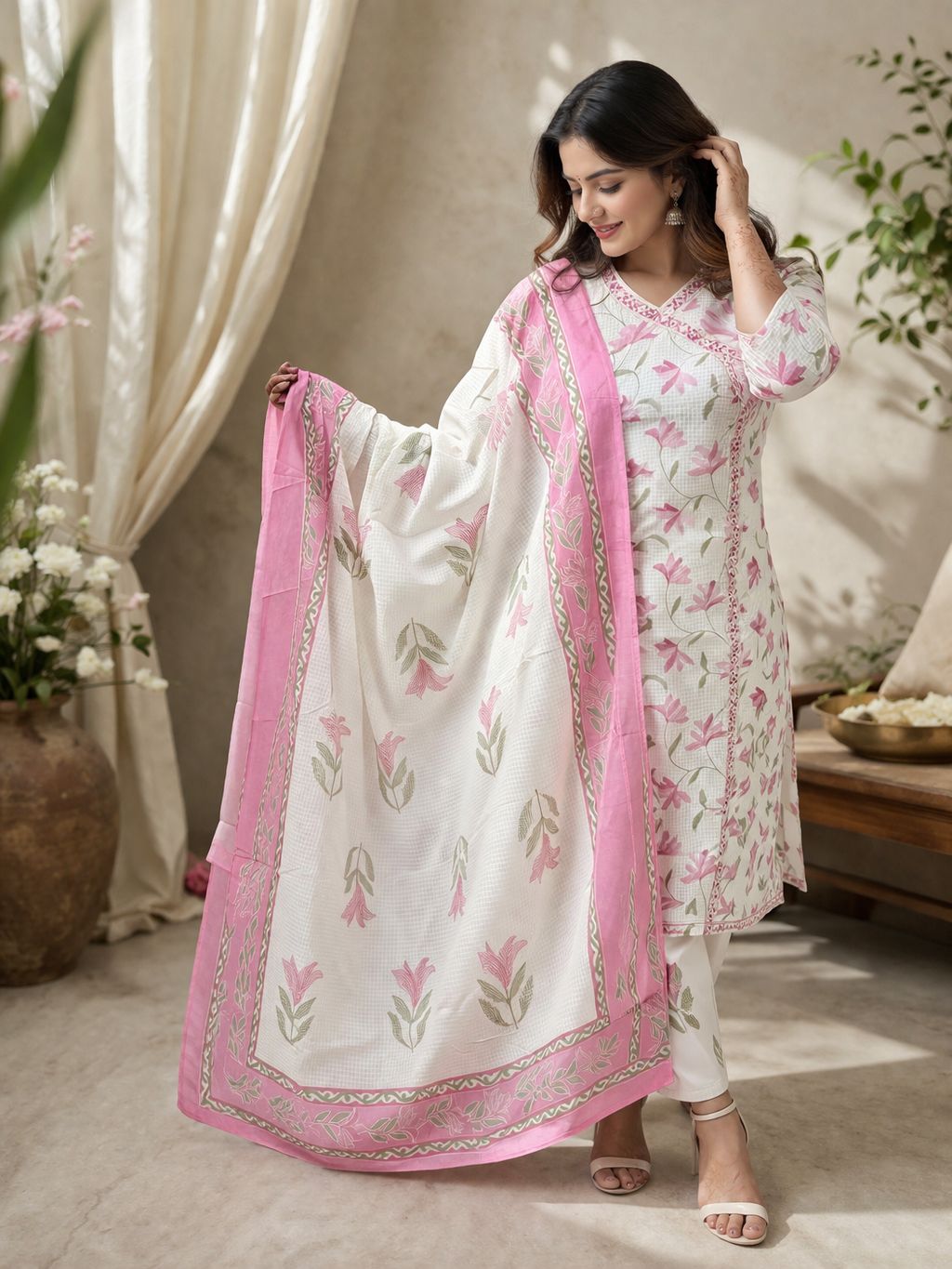 Cream Floral Printed Kurti Set with Pink Dupatta