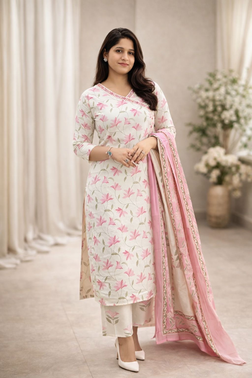 Cream Floral Printed Kurti Set with Pink Dupatta