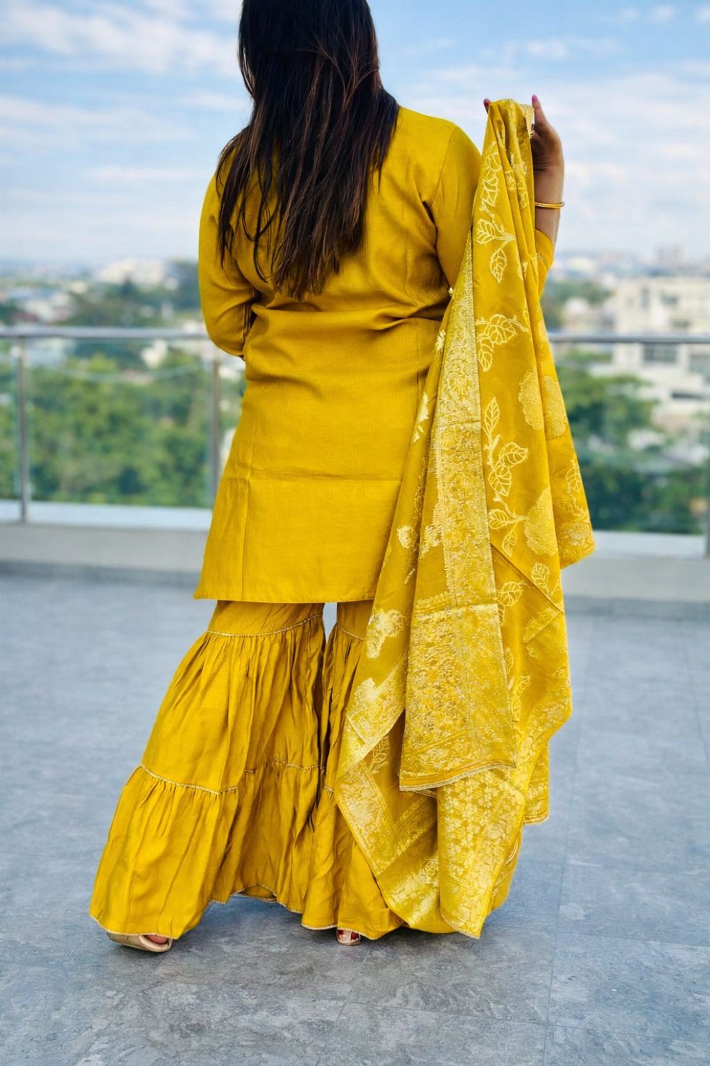 Yellow Embroidered Shraara Suit Yellow Nan Women Ethnic Wear Size XL