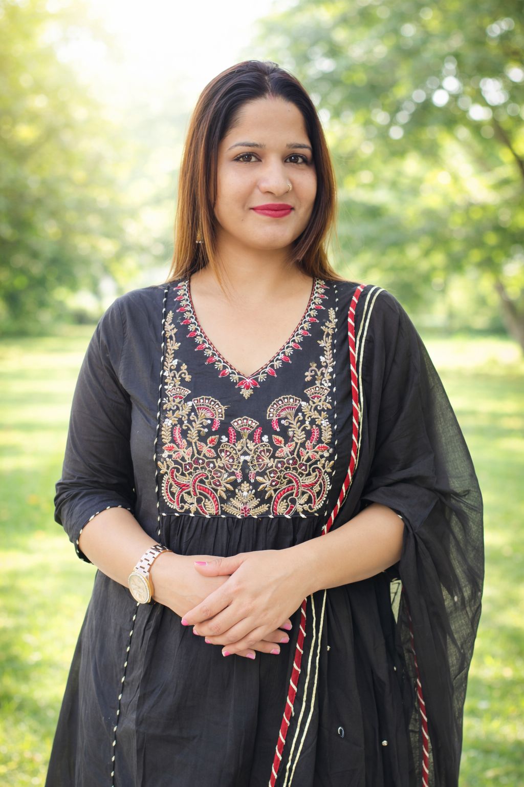 Square Embriodary Black And Rust Cotton Women Ethnic Wear Size M