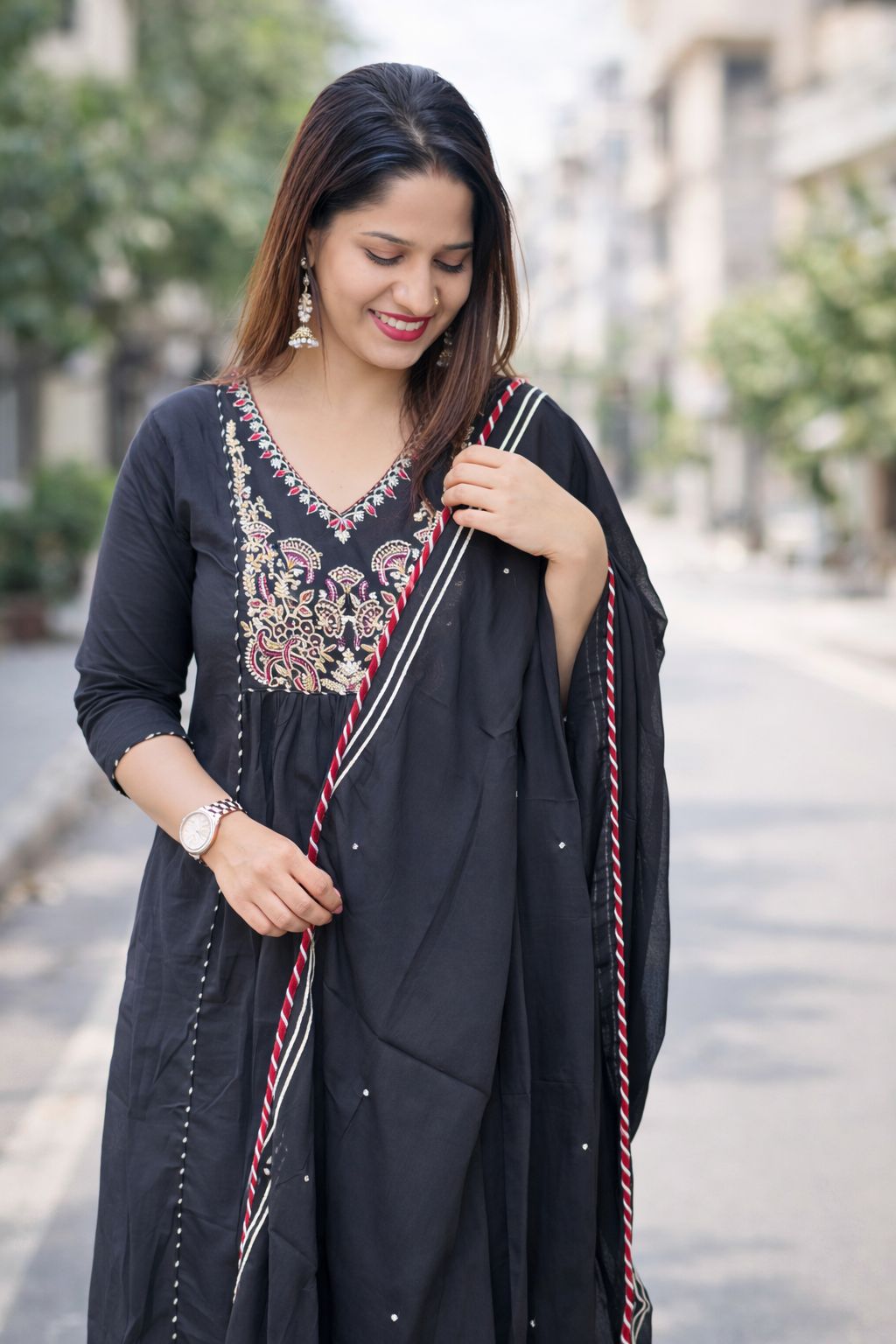 Square Embriodary Black And Rust Cotton Women Ethnic Wear Size S