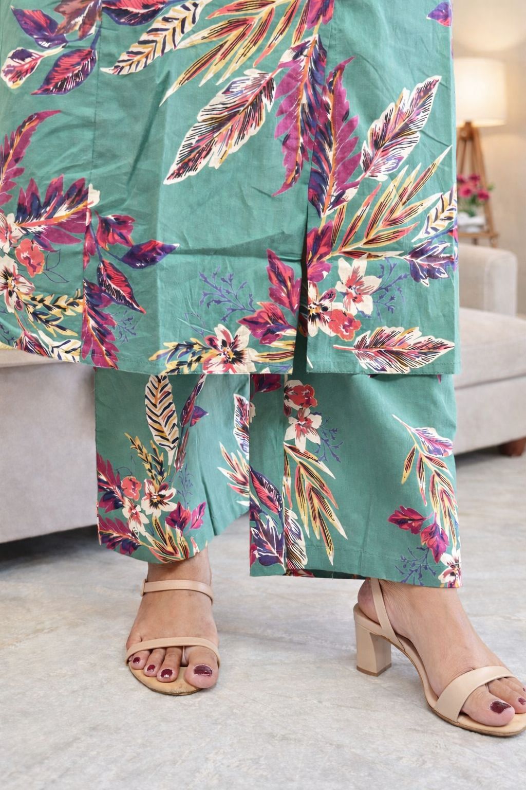 Floral Green Cotton Kurti Set with Pants