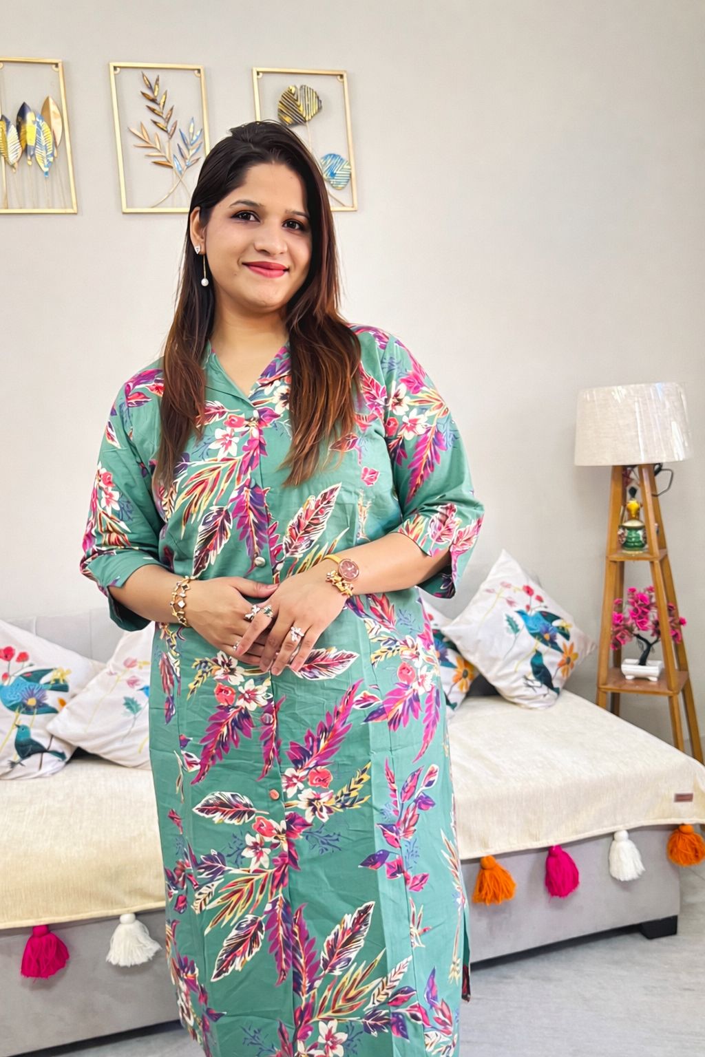 Floral Green Cotton Kurti Set with Pants