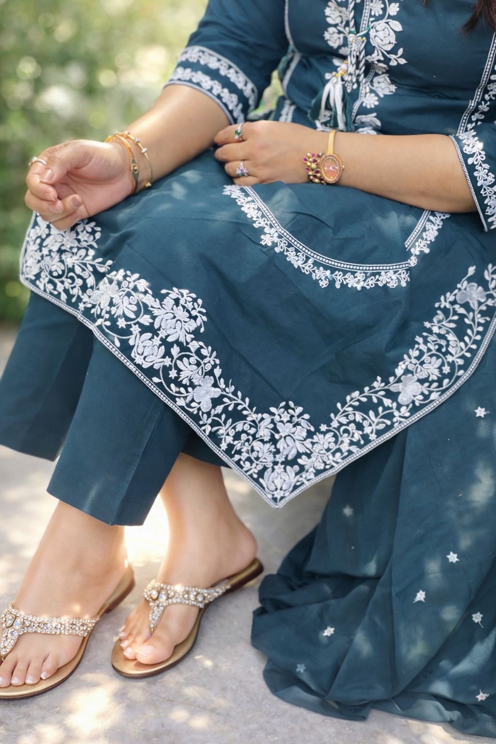 Teal Blue Embroidered Kurti Set with Dupatta