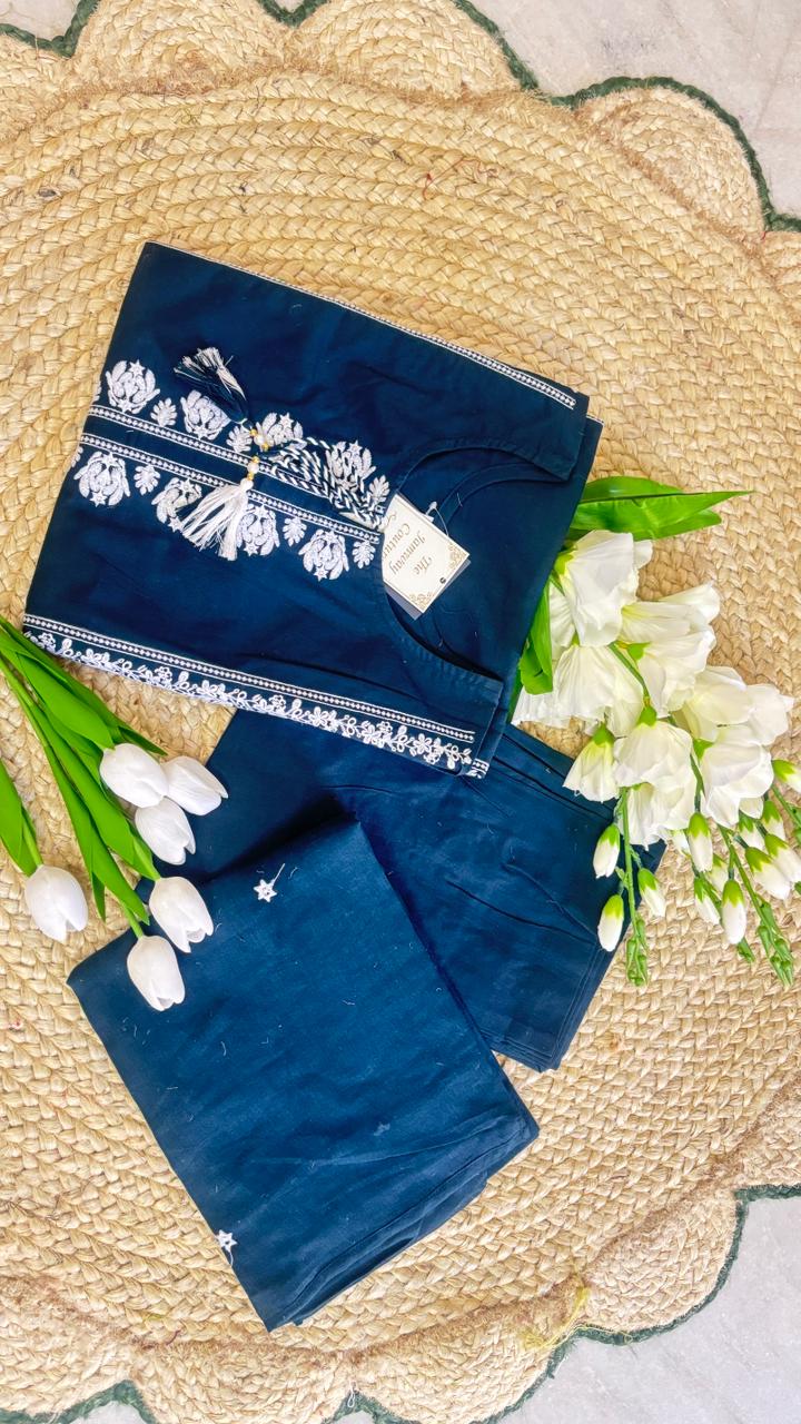 Teal Blue Embroidered Kurti Set with Dupatta