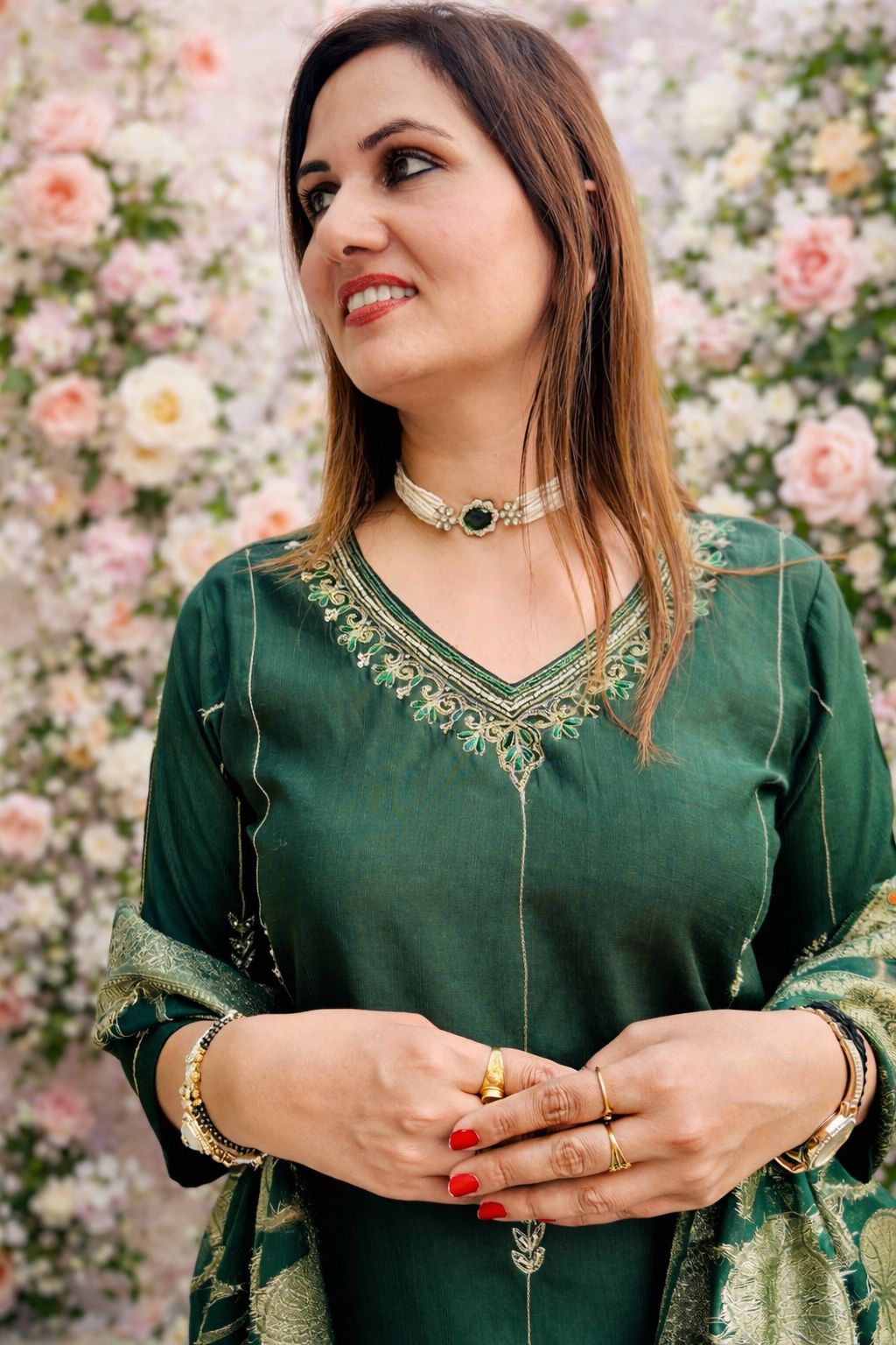 Dark Green Neck Embriodary Heavy Duptta Nan Nan Women Ethnic Wear Size M