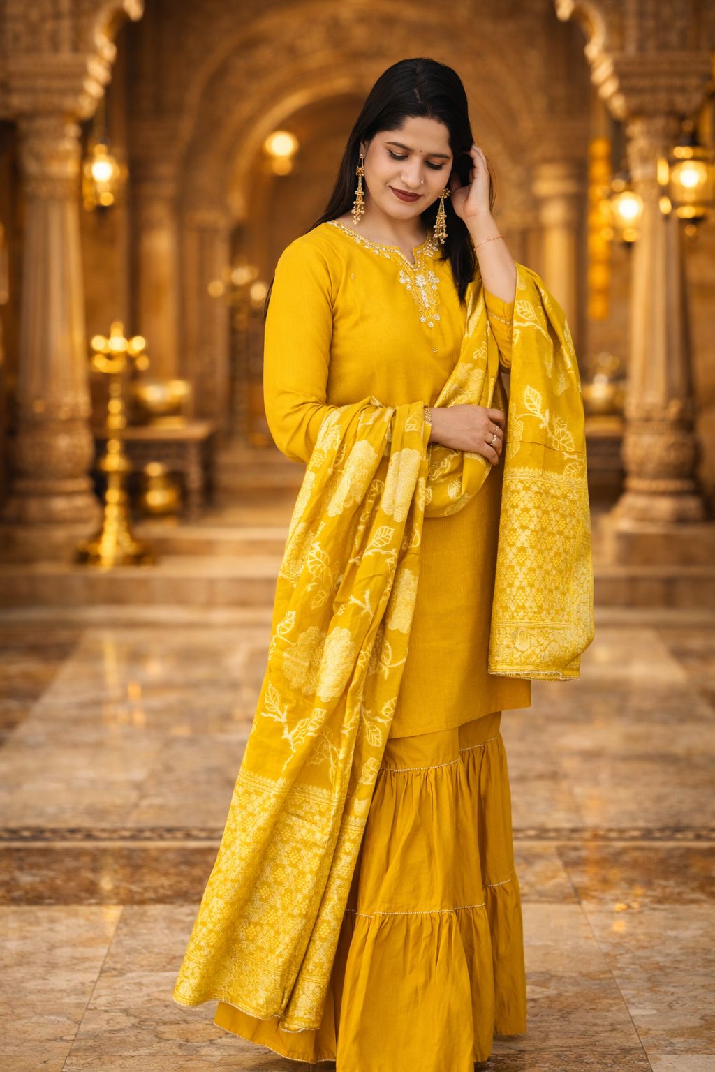 Yellow Embroidered Shraara Suit Yellow Nan Women Ethnic Wear Size L