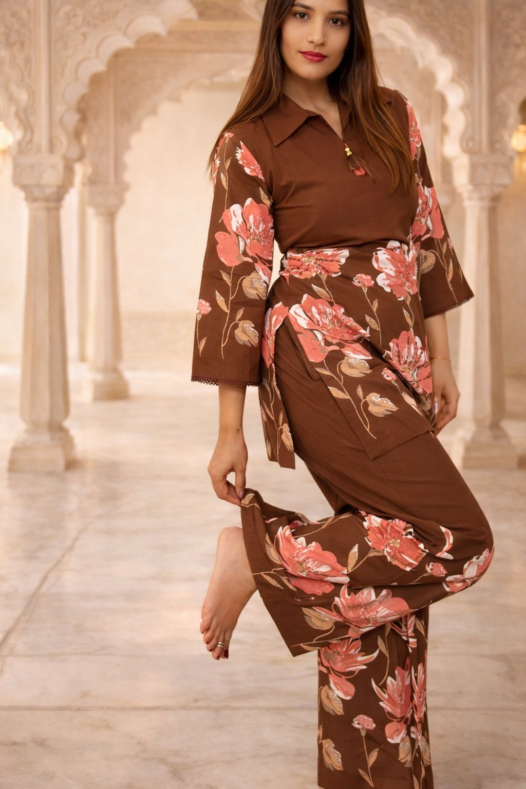 Classy Coffee Brown Floral Cord Set Classy Coffee Brown Nan Women Ethnic Wear Size M