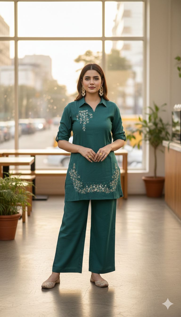 Teal Embroidered Cord Set Teal Nan Women Ethnic Wear Size M