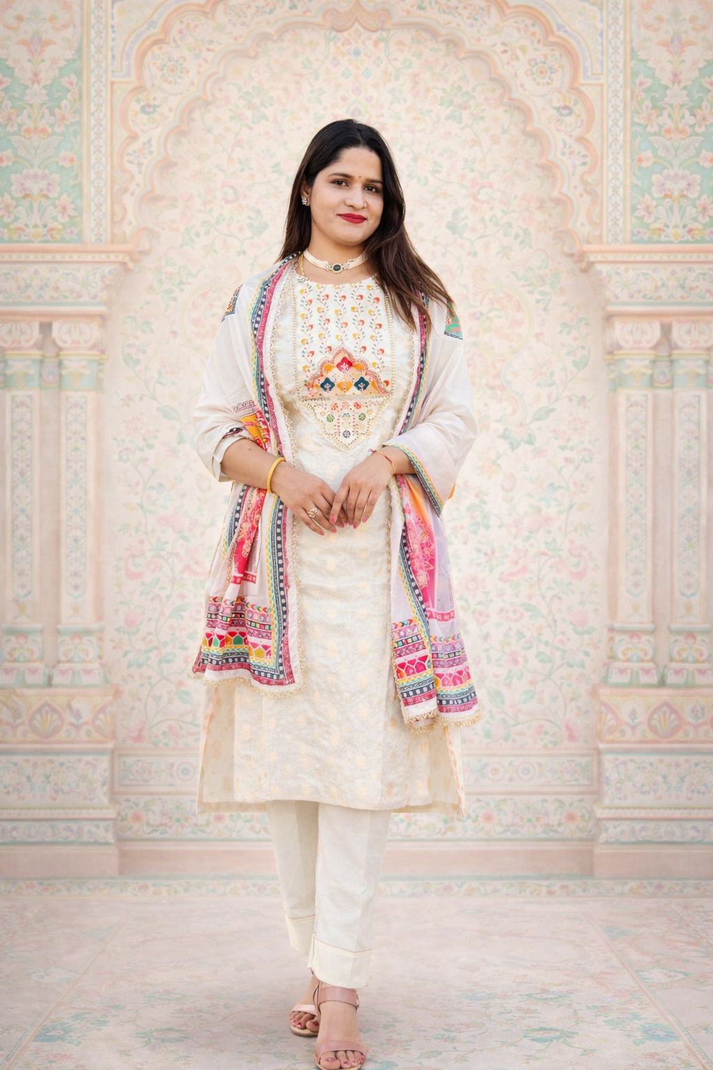 Off White Back Boota Chanderi Suit Printed Lace Duptta Off White Nan Women Ethnic Wear Size S