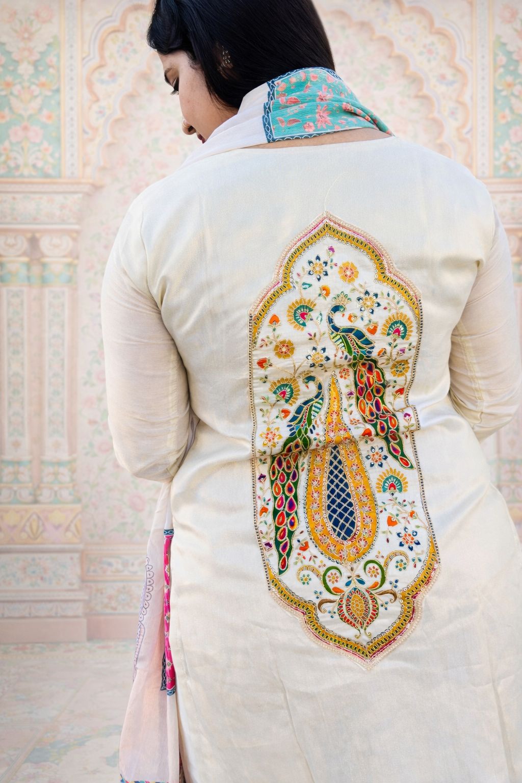 Off White Back Boota Chanderi Suit Printed Lace Duptta Off White Nan Women Ethnic Wear Size 2XL