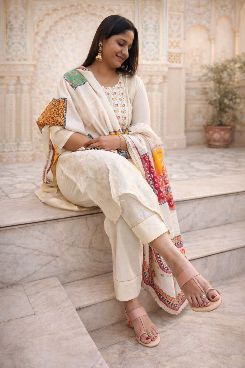 Off White Back Boota Chanderi Suit Printed Lace Duptta Off White Nan Women Ethnic Wear Size XL