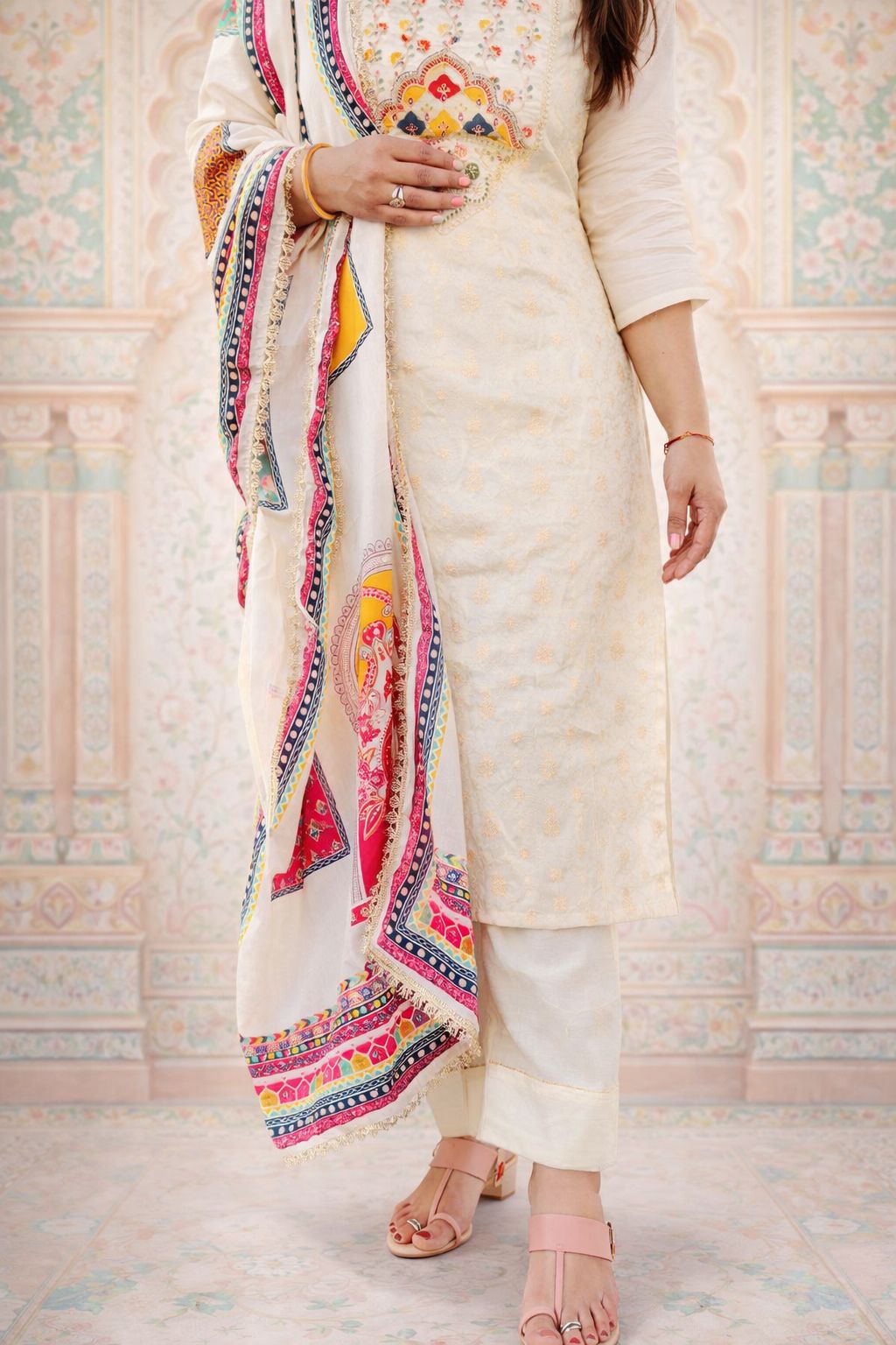 Off White Back Boota Chanderi Suit Printed Lace Duptta Off White Nan Women Ethnic Wear Size L