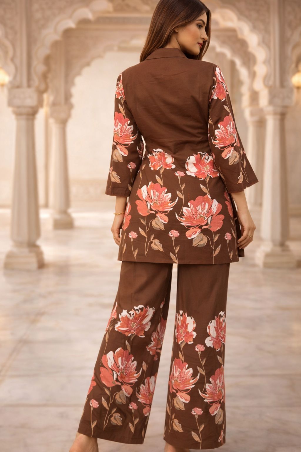 Classy Coffee Brown Floral Cord Set Classy Coffee Brown Nan Women Ethnic Wear Size L