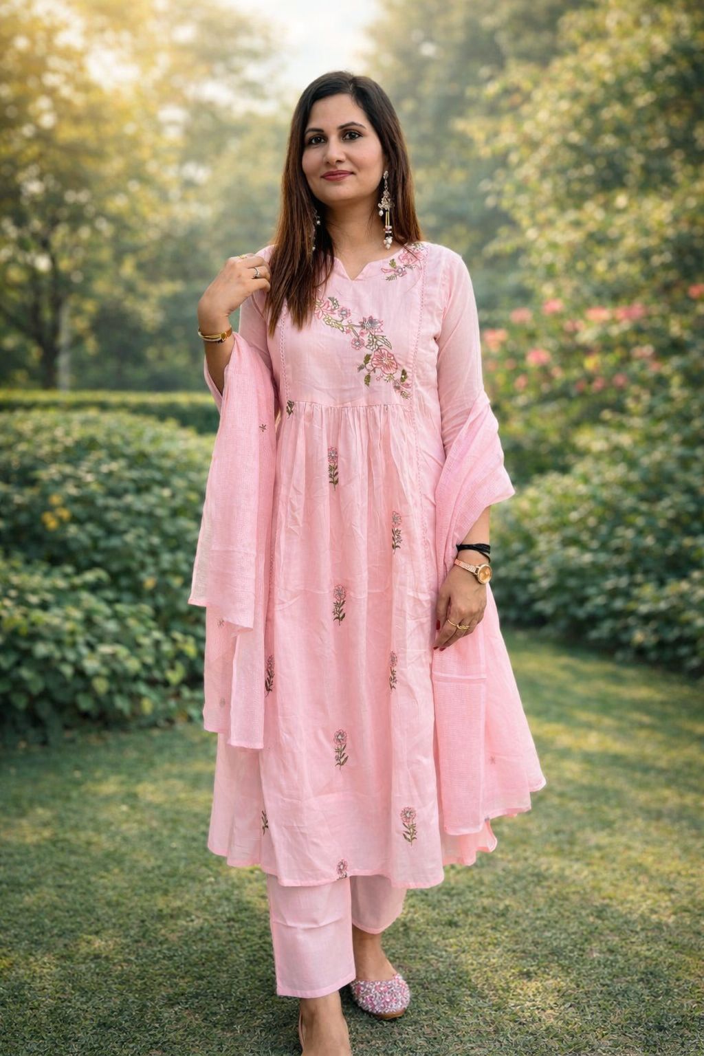 pink and green business dress Drawn Floral Print V Neck Tiered Woven Maxi Dress - Green / Pink