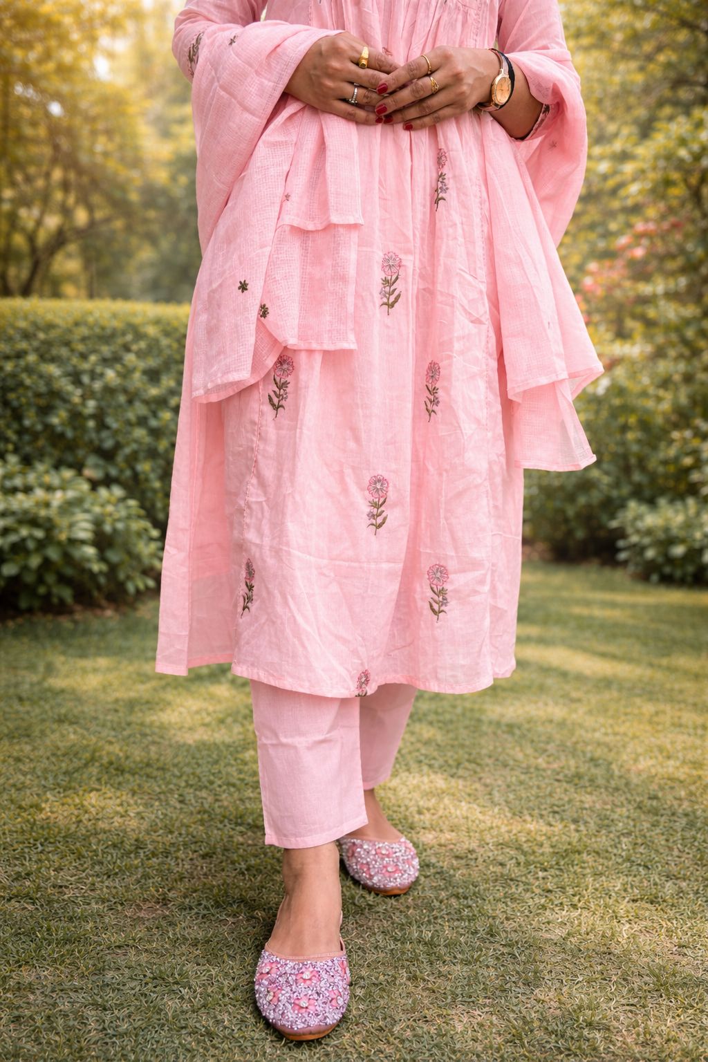 Pink Green Embriodary Nan Cotton Women Ethnic Wear Size 2XL