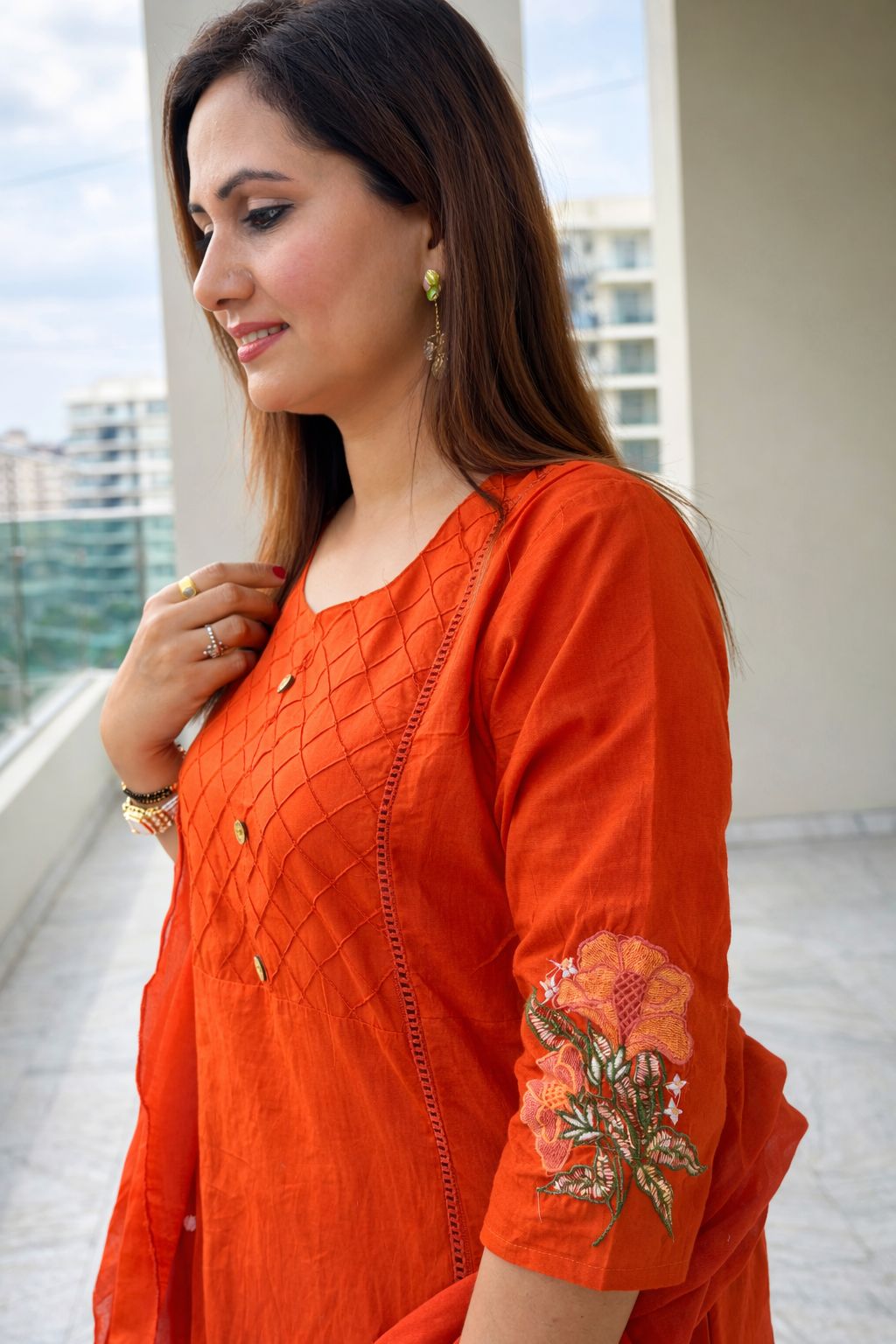 Rust Orangfe Green Side Embriodary Nan Nan Women Ethnic Wear Size L