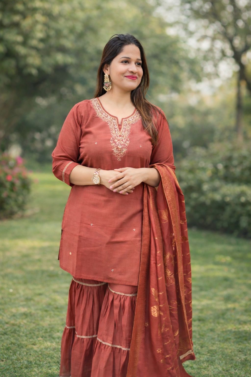 Rust Sharara Suit Neck Embriodary Heavy Printed Duptta Nan Cotton Women Ethnic Wear Size S